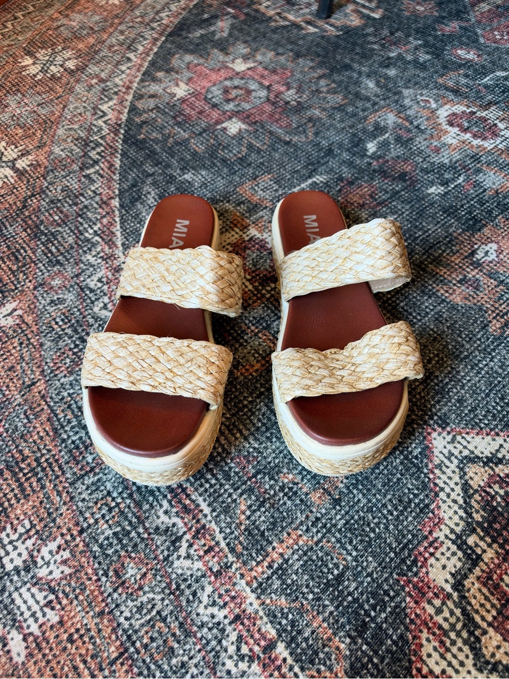 MIA Braided Raffia Double-Strap Platform Sandals in Natural Tan